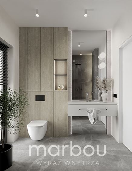 Szara podłoga i drewno w łazience