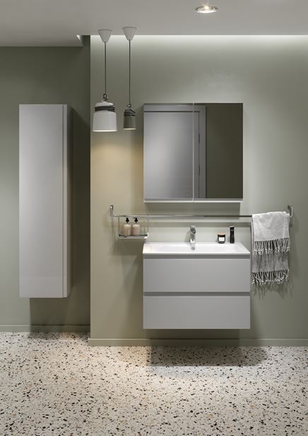 Lastryko i szarości w strefie umywalkowej Cersanit Moduo