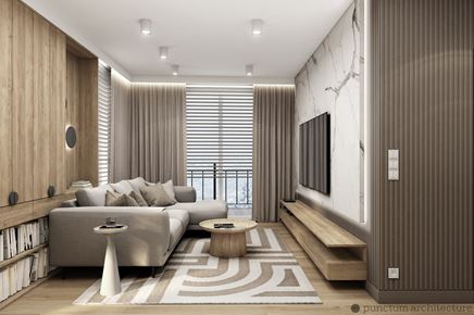 Skandynawski salon z marmurem i ryflowanymi panelami