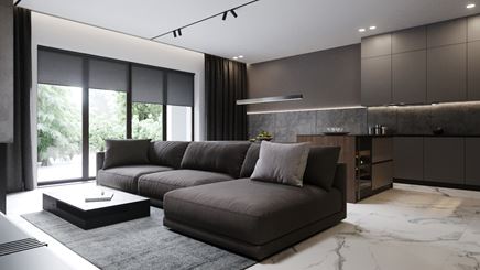 Minimalistyczny salon z kuchnią w szarościach