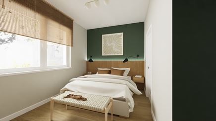 Wąska sypialnia z zielenią i lamelami z drewna