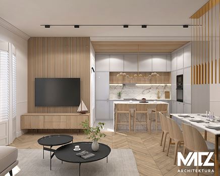 Otwarta kuchnia i salon z drewnianymi lamelami