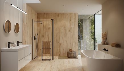 Przestronna łazienka w stylu skandynawskim z przeszkleniami
