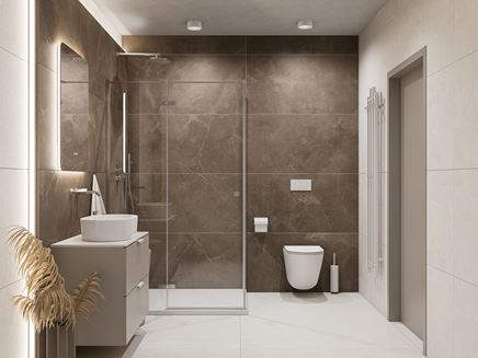 Łazienka w brązowym kamieniu z kabiną narożną