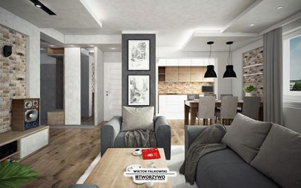 Salon z aneksem kuchennym w projekcie studia "Tworzywo"
