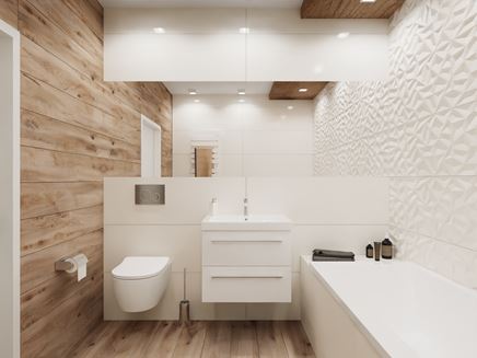 Łazienka w bieli z drewnianymi wykończeniami
