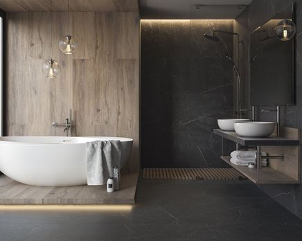 Aranżacja łazienki z elementami drewna - Paradyż Barro
