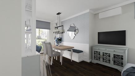 Klasyczna jadalnia z białym stołem i ławką