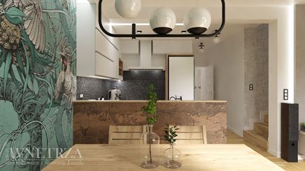 Jadalnia ze wzorzystą tapetą