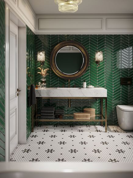 Łazienka glamour z zieloną jodełką Dunin Royal 