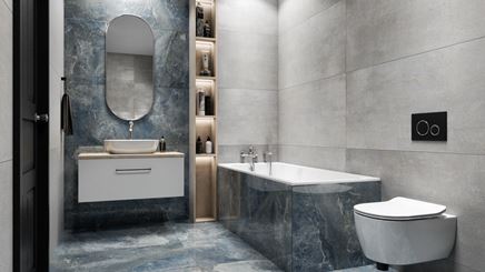 Aranżacja szarej łazienki z płytami Azario Duomo