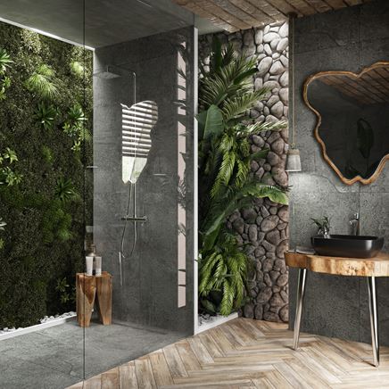 Oryginalne łącznie kamienia, natury i drewna w łazience z kabiną walk-in