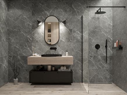Grafitowy kamień Paradyż Noisy Whisper w łazience z kabiną walk-in