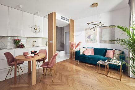 Salon z jadalnią i kuchnią w stylu glamour