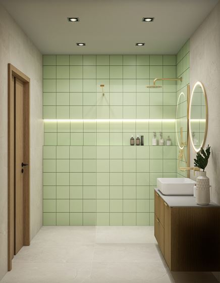 Miętowe kafelki w łazience z kabiną walk-in