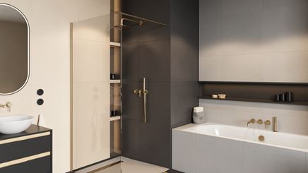 Czarno-biała łazienka z kabiną walk-in i prostokątną wanną