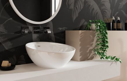 Asymetryczna umywalka stawiana na blacie Roca Bol 