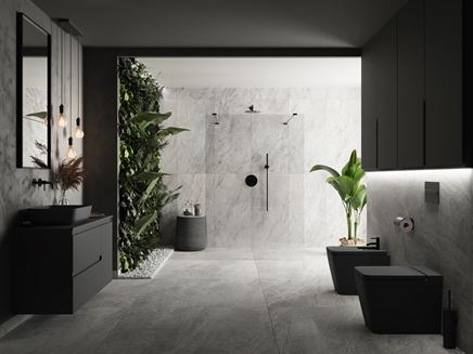 Szary kamień i czarne akcenty w łazience Cerrad Brazilian Quartzite