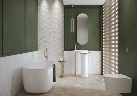 Biało-zielona łazienka z heksagonami i jodełkową podłogą