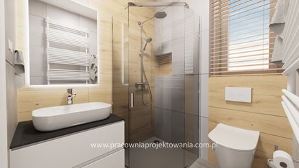 Łazienka wykończona drewnopodobnymi płytkami z prysznicem narożnym