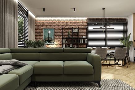 Salon w stylu loftowym z sofą w kolorze khaki