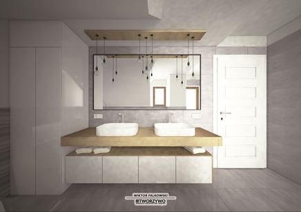 Szara łazienka z białymi meblami