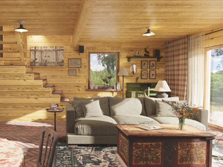 Salon w domu w drewnem w aranżacji rustykalnej