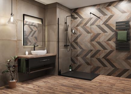Stylowa łazienka z jodełkową ścianą Azario Regine