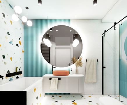 Łazienka w lastryko z dużym, okrągłym lustrem