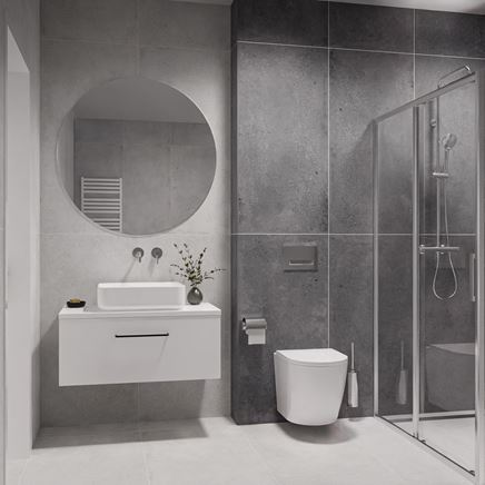 Stylowa łazienka wykończona w płytach imitujących beton