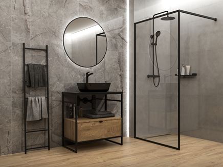 Łazienka z kabiną walk-in w szarych płytach Vijo Conti