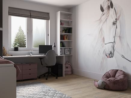 Pokój ucznia w jasnym wykończeniu ścian i drewnianą podłogą