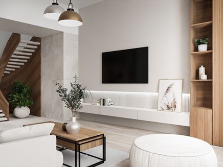 Ściana telewizyjna w salonie w stylu skandynawskim