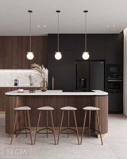 Ciemna kuchnia z wyspą w drewnie