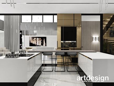 Biała kuchnia z barem przy przeszklonej ścianie