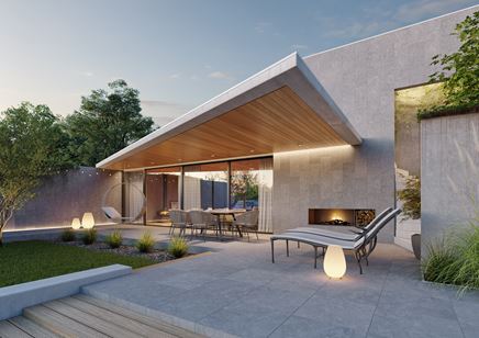 Aranżacja dużego tarasu w szarym wykończeniu Cersanit Colosal