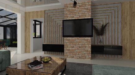 Czerwona cegła w salonie z sufitem napinanym