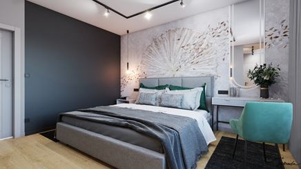 Biała toaletka przy łóżku w sypialni