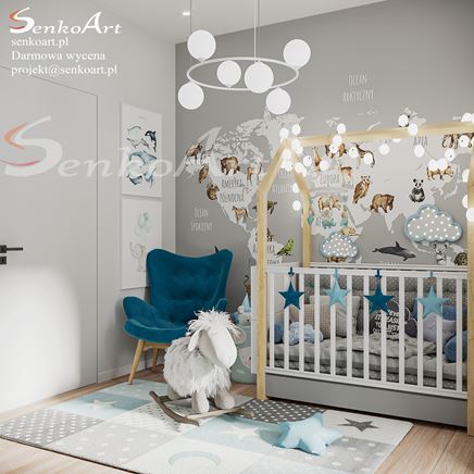 Szarość i niebieskie akcenty w pokoju malucha