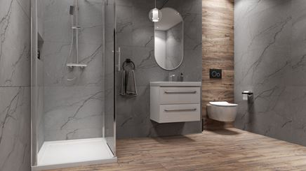 Łazienka w szarych marmurach z dodatkiem drewna