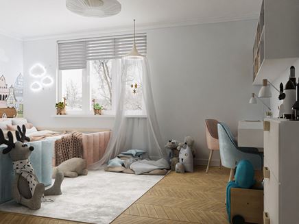 Drewniana jodełka i jasne kolory w pokoju rodzeństwa