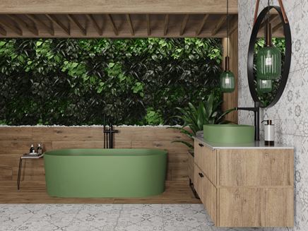 Zieleń i drewno w łazience z patchworkowym wykończeniem