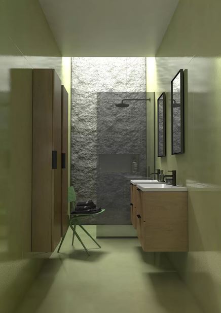 Seledynowa łazienka z kompaktowymi meblami 