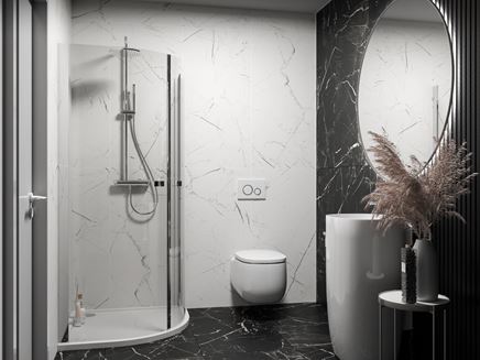 Czarno-biała łazienka w marmurze z kabiną półokrągłą