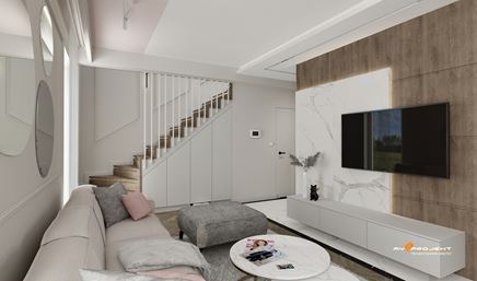 Salon z jasną klatką schodową