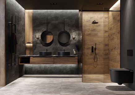 Ciemny kamień i drewno w nowoczesnej aranżacji łazienki