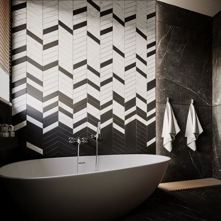 Czarno-biała mozaika w łazience z kolekcji Dunin Royal Chevron