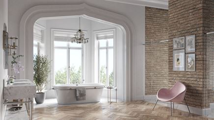 Aranżacja jasnej łazienki z drewnem i cegiełką