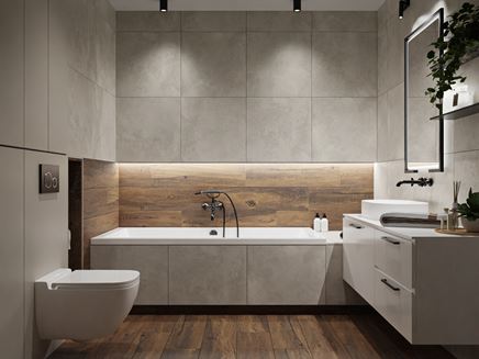 Łazienka w minimalistycznym stylu w betonie i drewnie