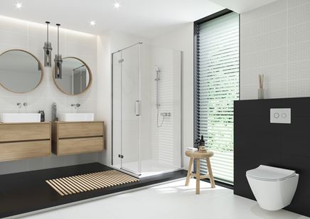 Czarno-biała łazienka z kabiną narożną z serii Cersanit Jota